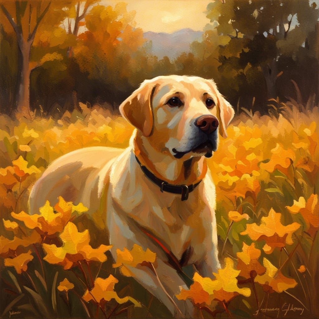 Labrador Puppy in Autumn Meadow, Oil Painting