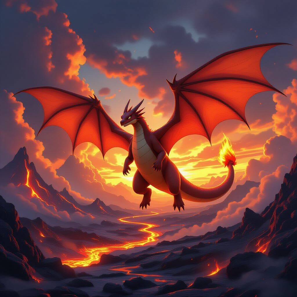 Majestic Charizard Soaring in Fiery Sky