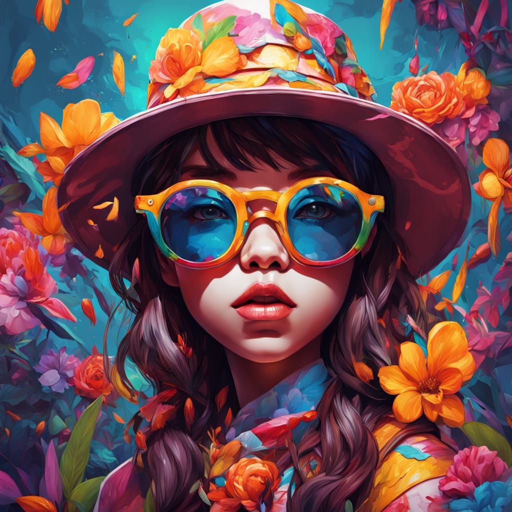 Cheeky Girl in Floral Bucket Hat with Glasses