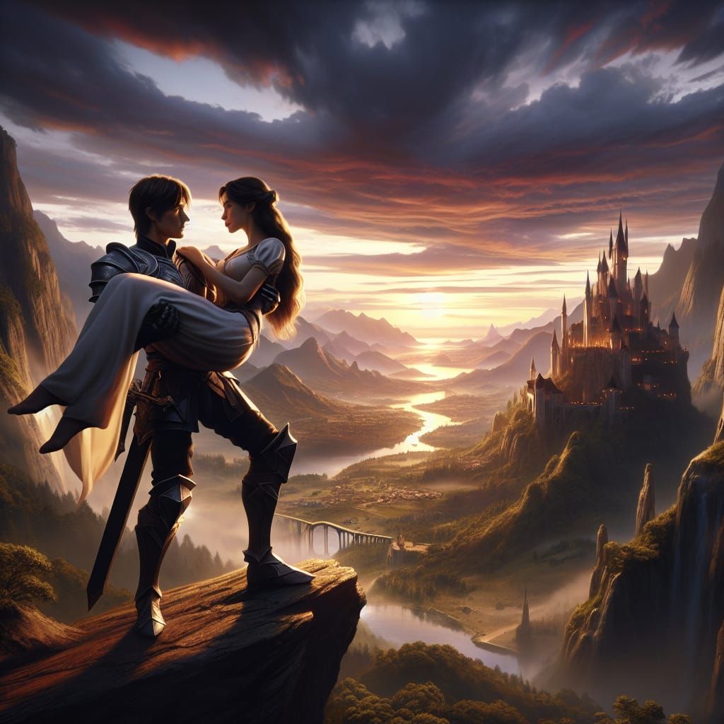 Knight Embraces Princess Overlooking Valley Castle