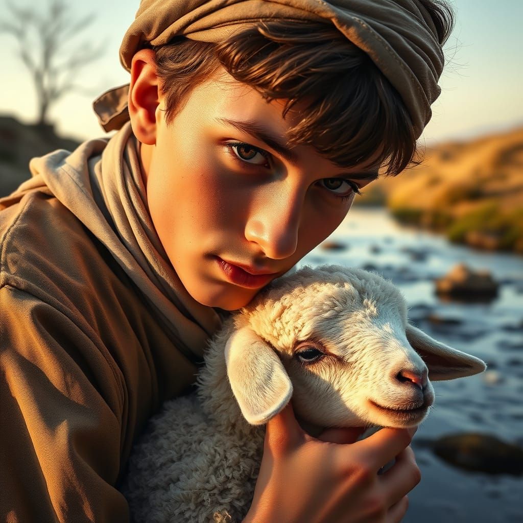Youthful Hebrew Shepherd Boy with Lamb in Golden Light