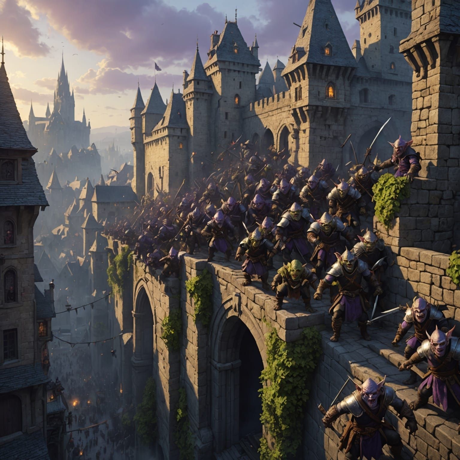 Goblins Attack City Wall in Dark Fantasy Style