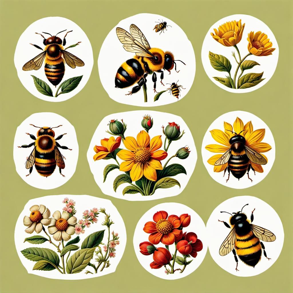 Vintage Illustration of Bees and Wildflowers