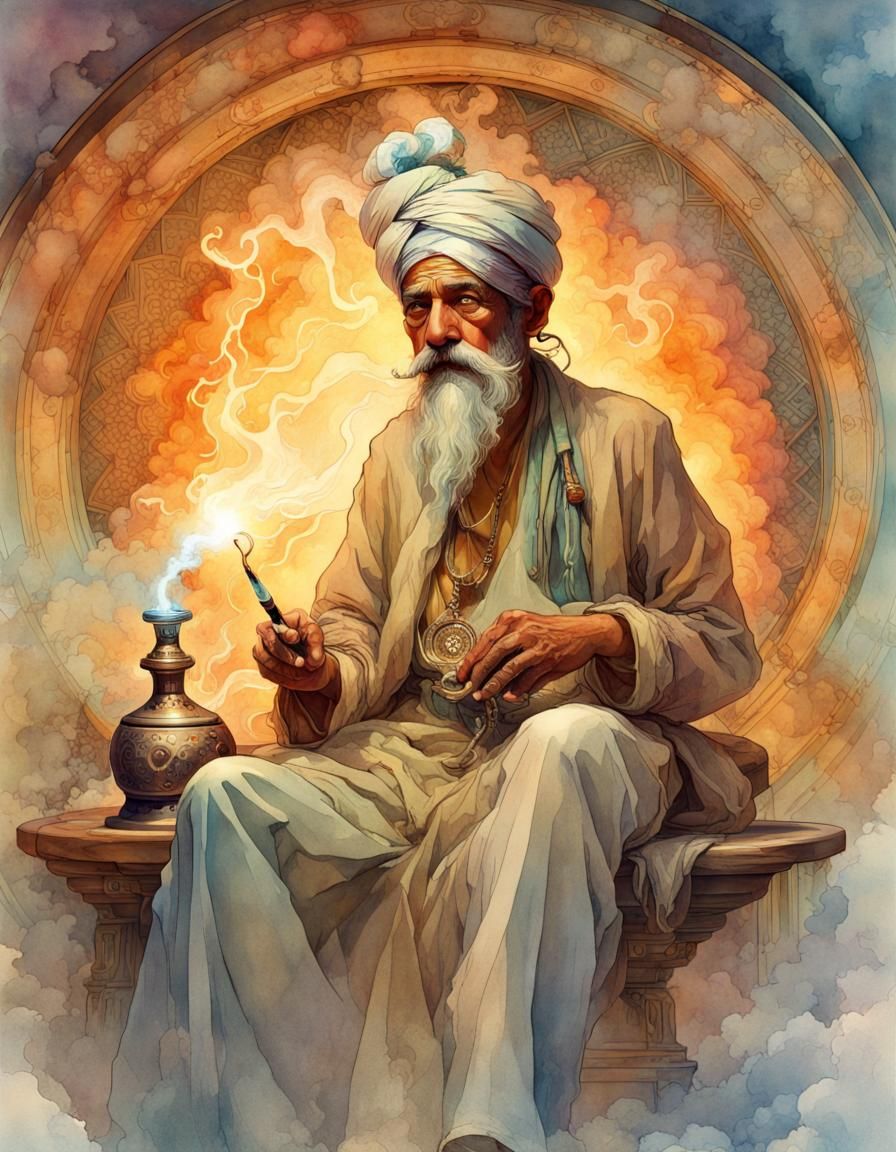 Man Smoking Hookah with Refracted Light, Watercolor Art