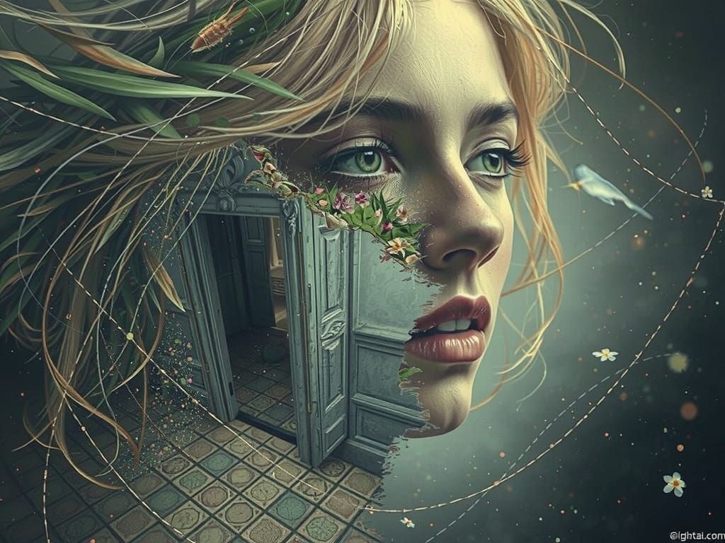 Ethereal Woman Dissolving into Nature, Digital Watercolor