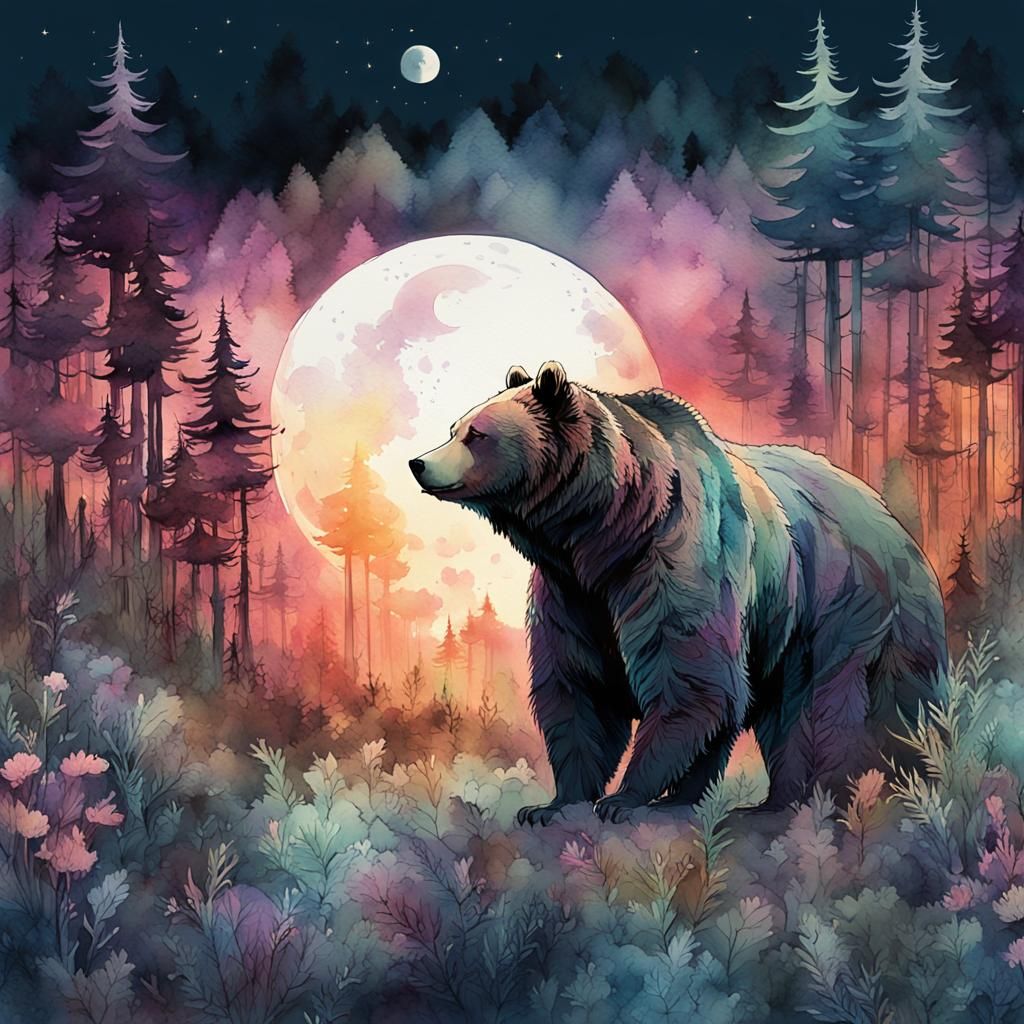 Watercolor Bear in Fantasy Forest at Sunset