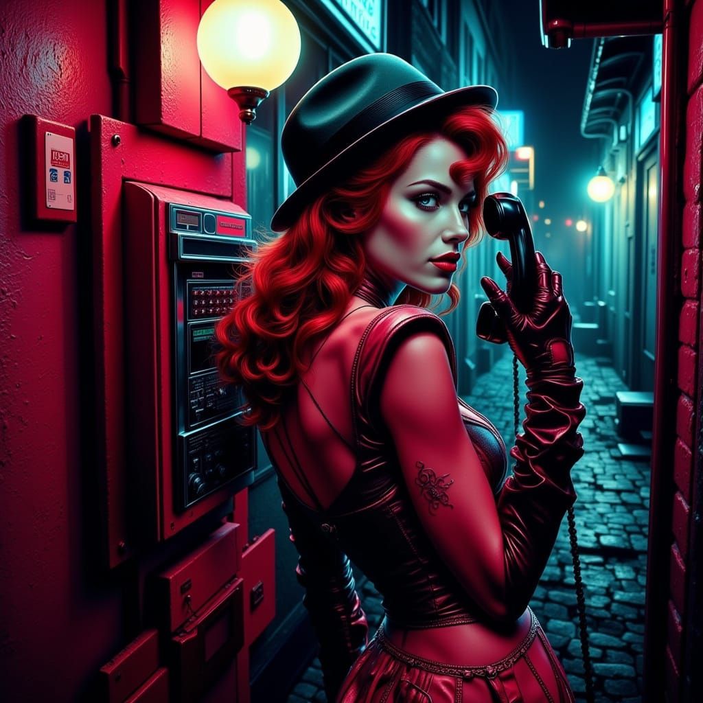 Redhead in Noir Alleyway: Pulp Comic Style