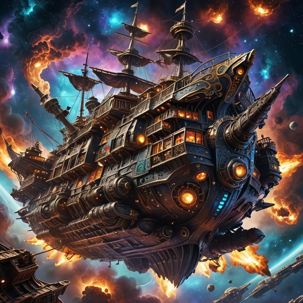 Cosmic Pirate Ship Drifting Through Nebula