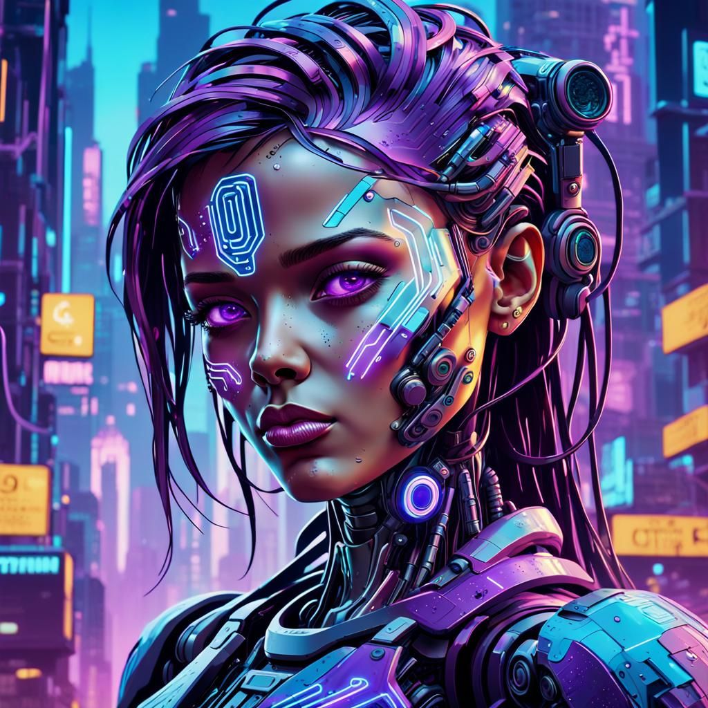 Cyberpunk Robotic Woman Portrait in Neon Cityscape