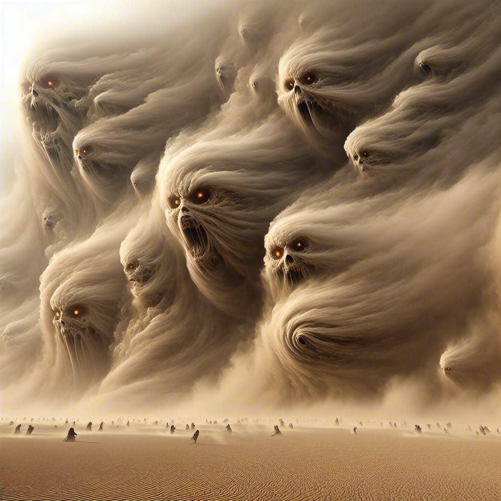 Surreal Desert Sandstorm with Grotesque Faces