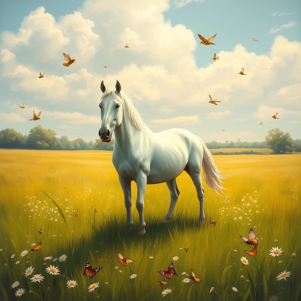 White Horse in Lush Field, Impressionistic Style