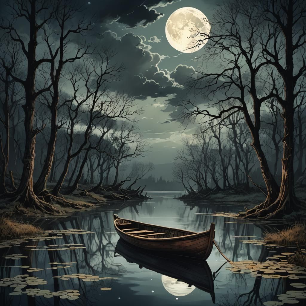 Moonlit Pond Rowboat in Dark Fantasy Style