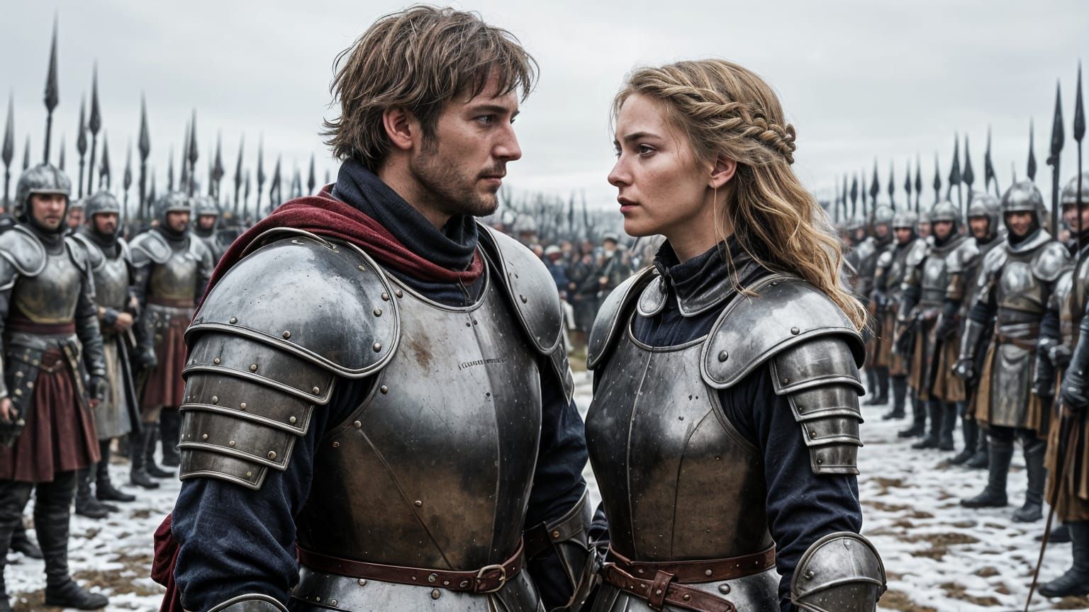 A Sad Knight Confronts a Maiden in Medieval Armour