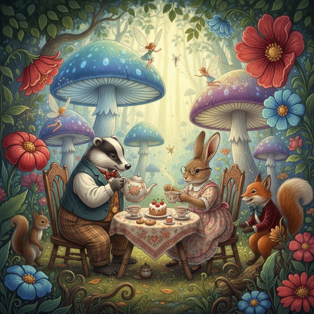 Whimsical Woodland Tea Party with Fairies and Glowing Mushro...