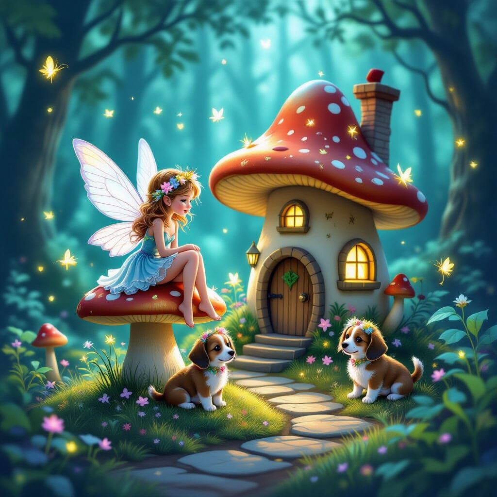 Enchanted Fairy Mushroom House in Bioluminescent Forest