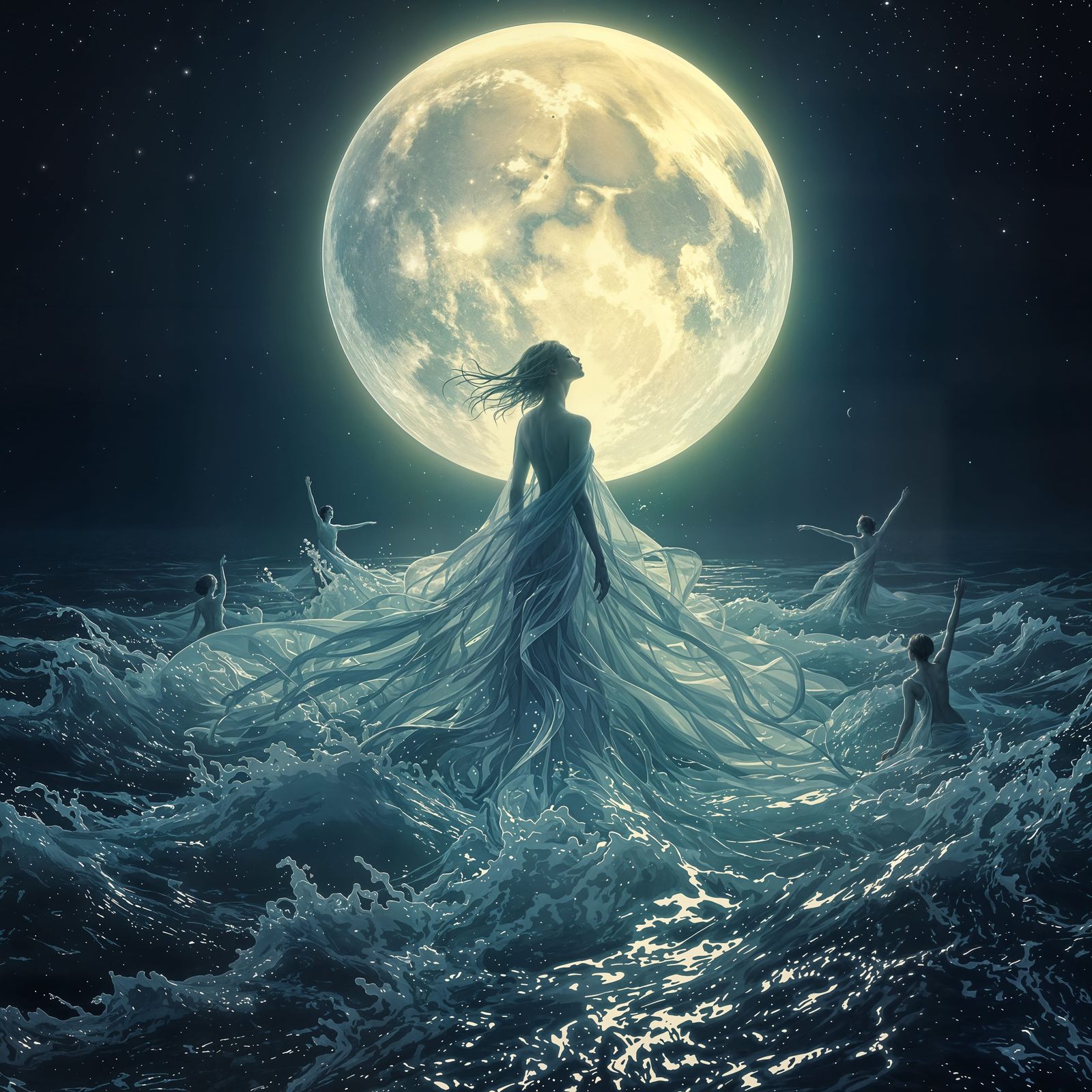 Glowing Moon Goddess Surrounded by Ocean Dancers