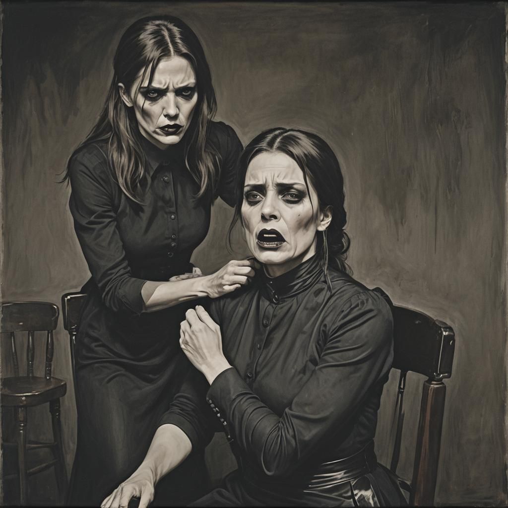 Intense Comic Art: Woman Gagging Another in Dark Scene