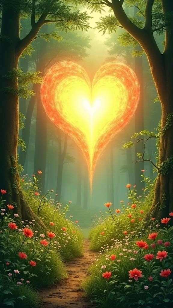 Heart-Shaped Aura in Forest, Ethereal Fantasy Art