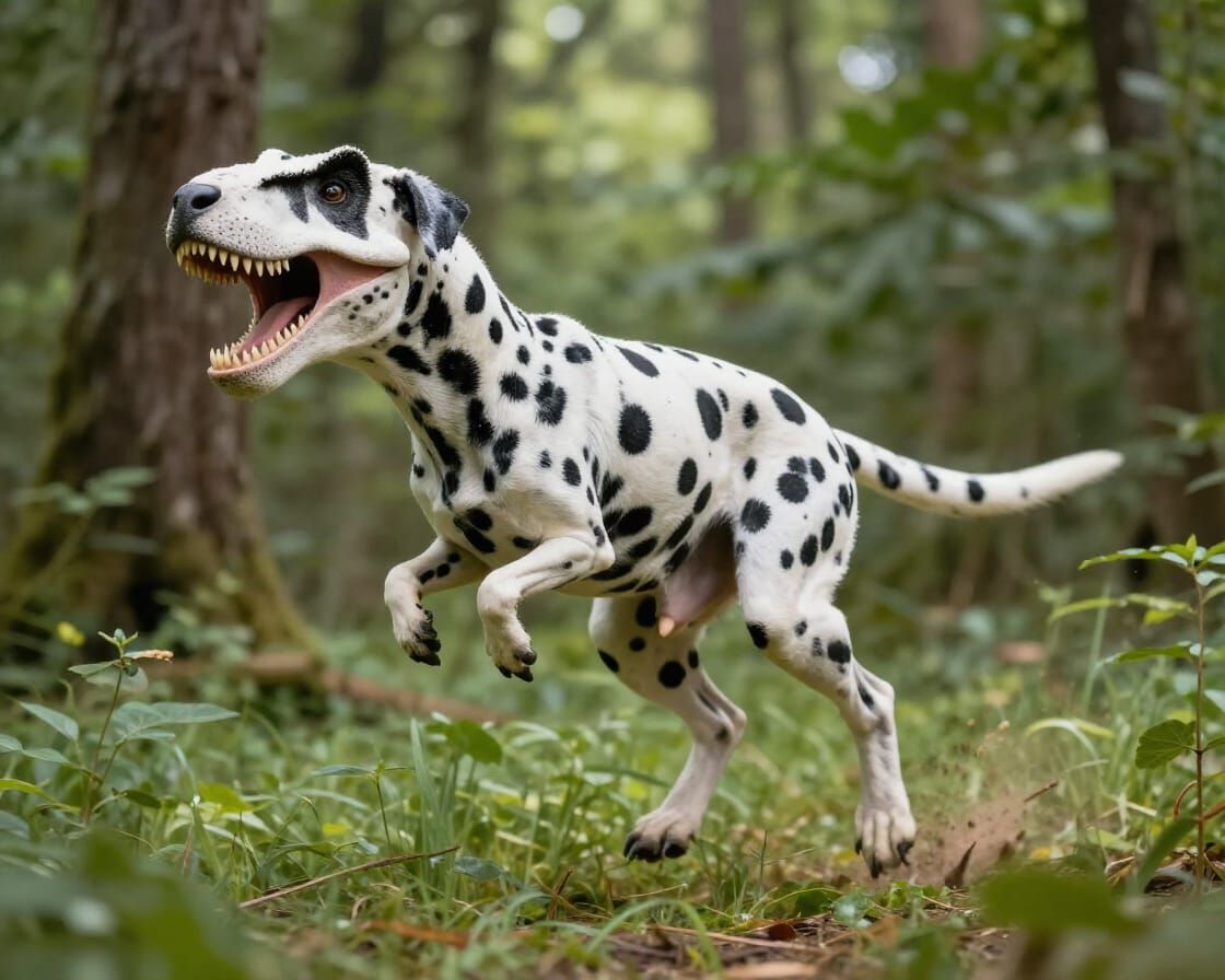 T-Rex dinosaur with a Dalmatian hybrid