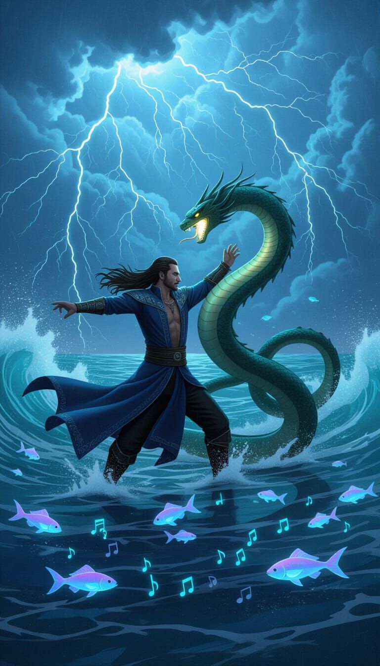 Ocean Dance: Man and Serpent in Stormy Seas