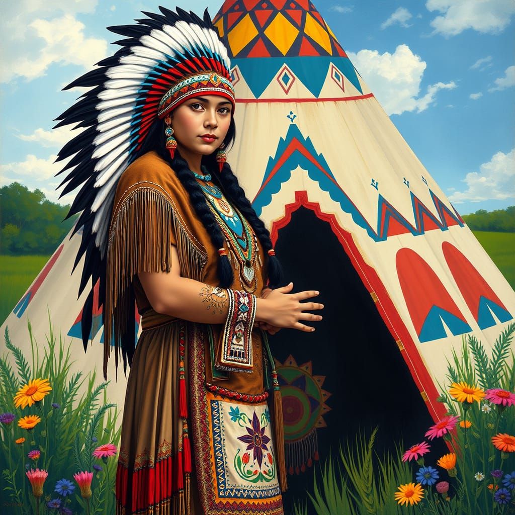 Native American Lovers Standing in Front of a Colorful Tipi