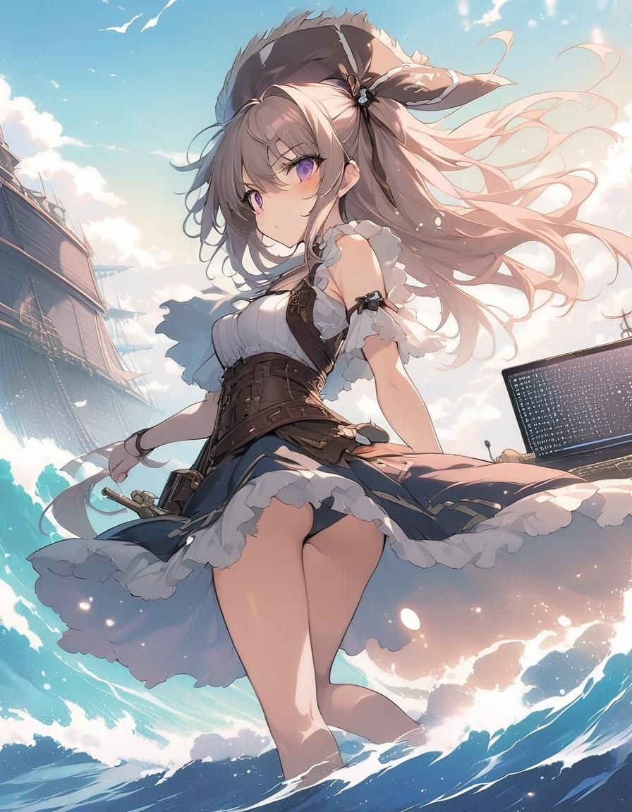 Binary Code Pirate Ship in Digital Cyberspace