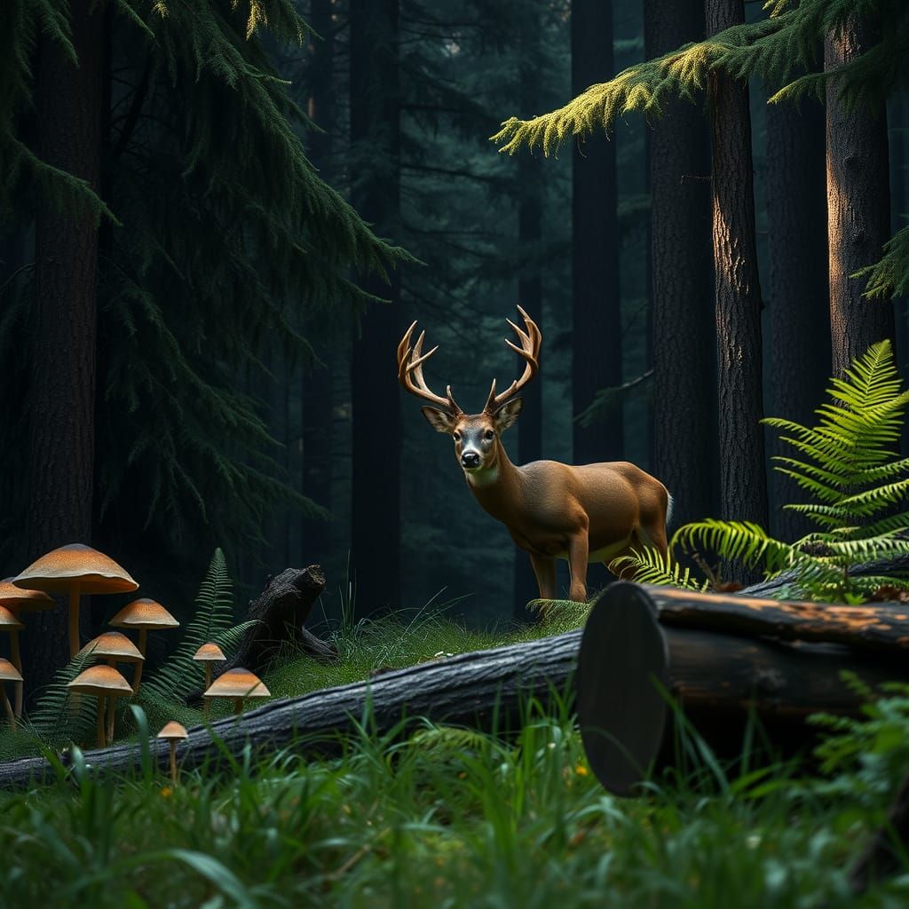 Majestic Mule Deer in a Lush, Moonlit Forest