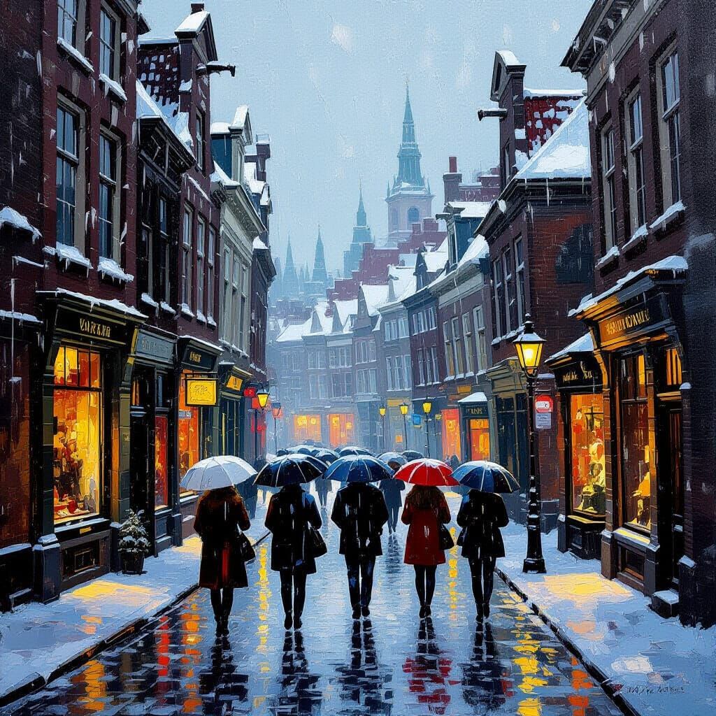 Rainy Winter Street Scene in Baroque Style