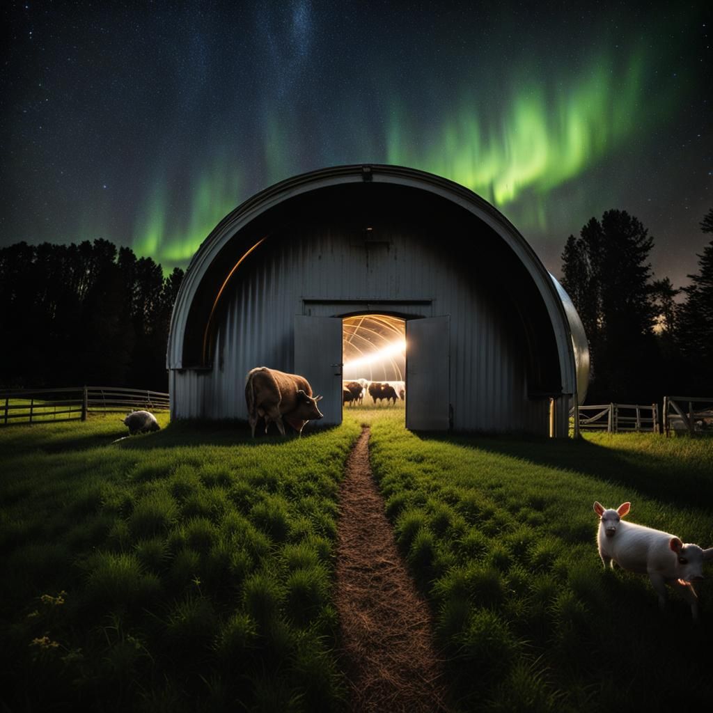 Macro Photograph of Farm Quonset Hut at Night