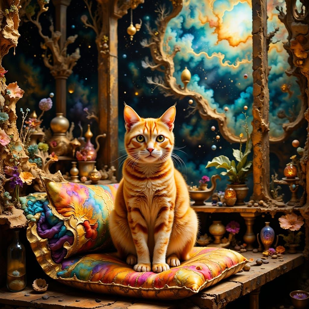 Golden Cat on Velvet Cushion