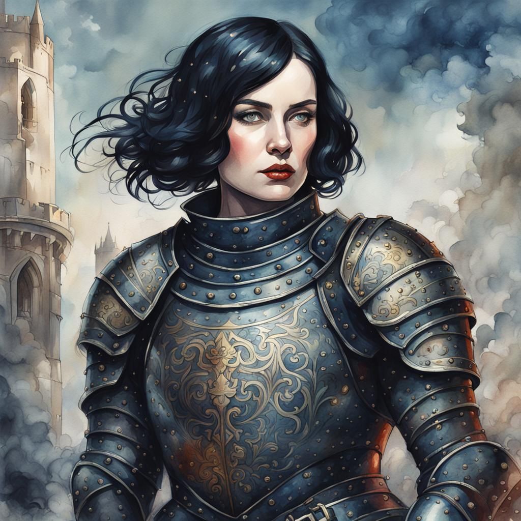 Gothic Woman in Medieval Armor: Classical Watercolor