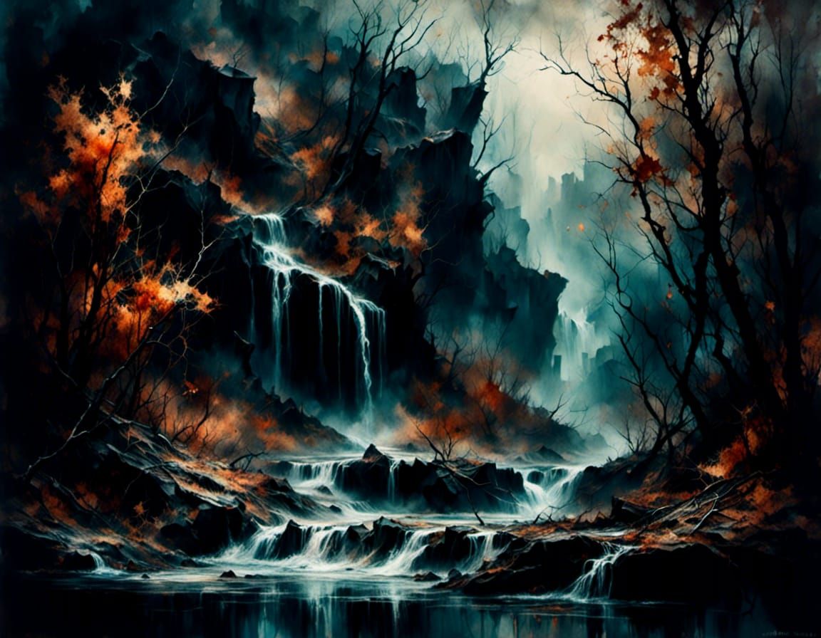 Surreal Autumn Waterfall Landscape in Romanticism Style