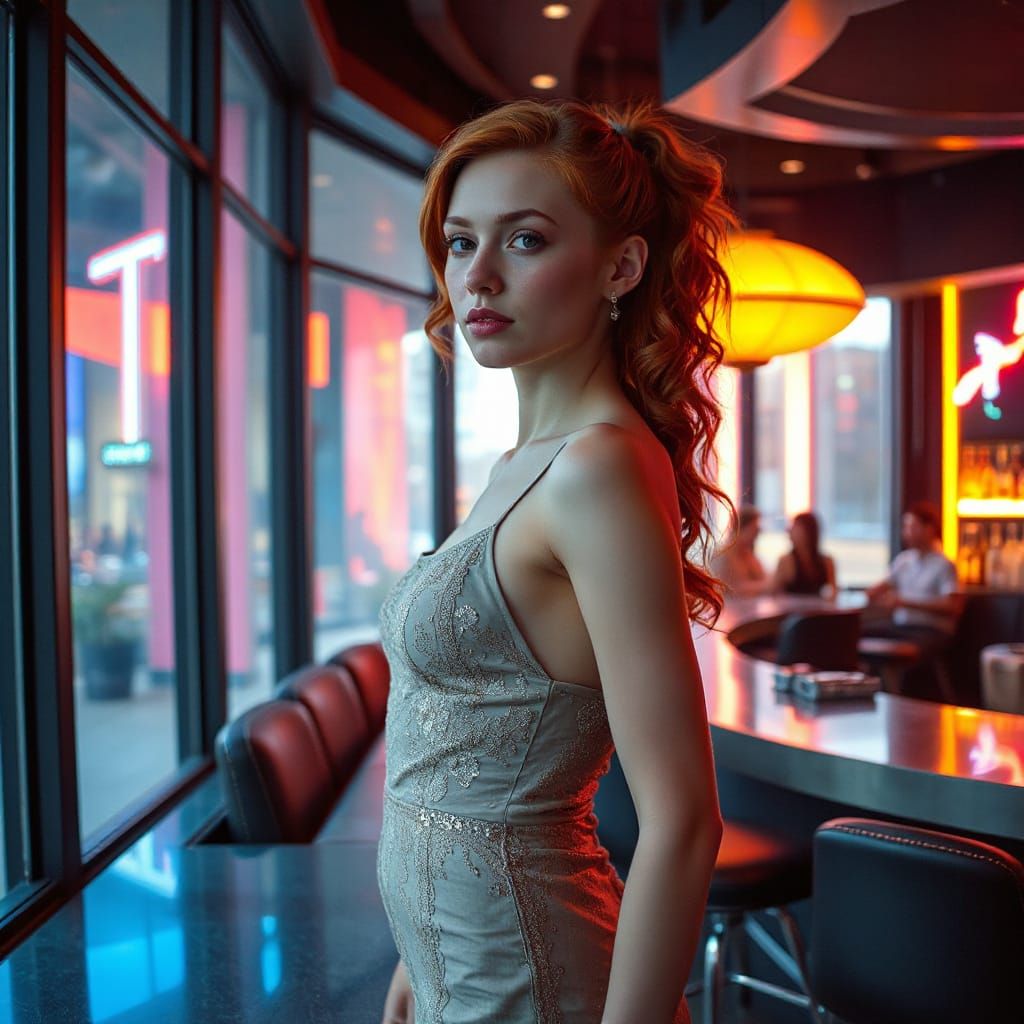 Flapper Girl in Futuristic Cocktail Bar, Cyberpunk Style