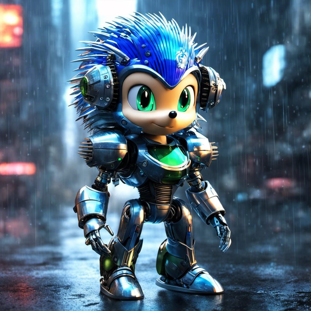 Robotic Sonic Hedgehog in Cyberpunk Cityscape