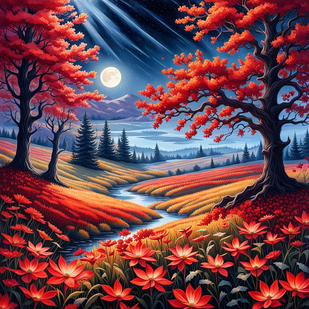 Gothic Autumn Meadow with Red Flowers, Digital Painting