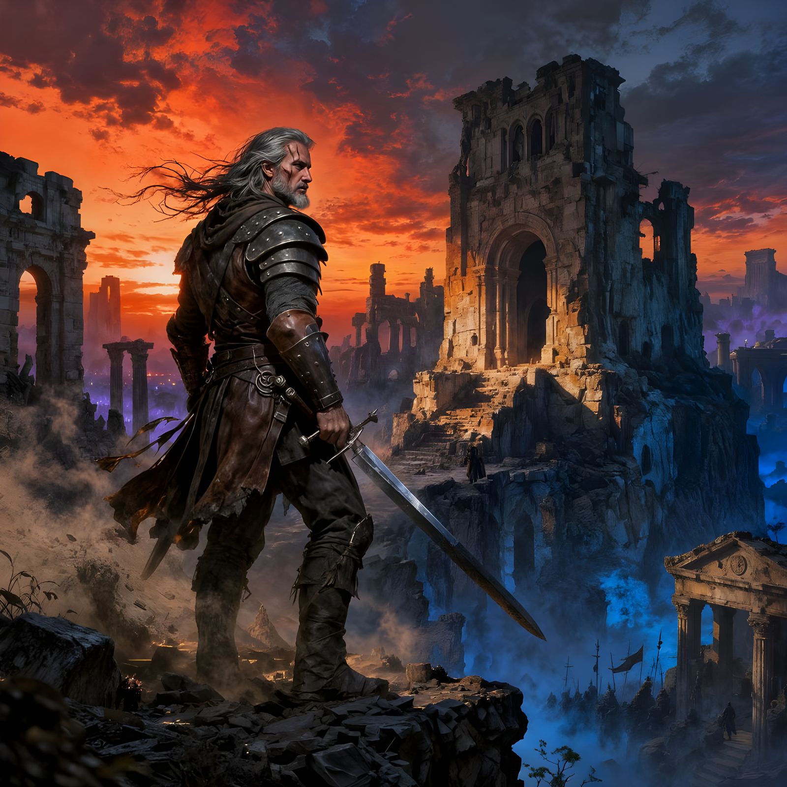 Grizzled Swordsman in Ancient City Ruins Dusk Matte Painting