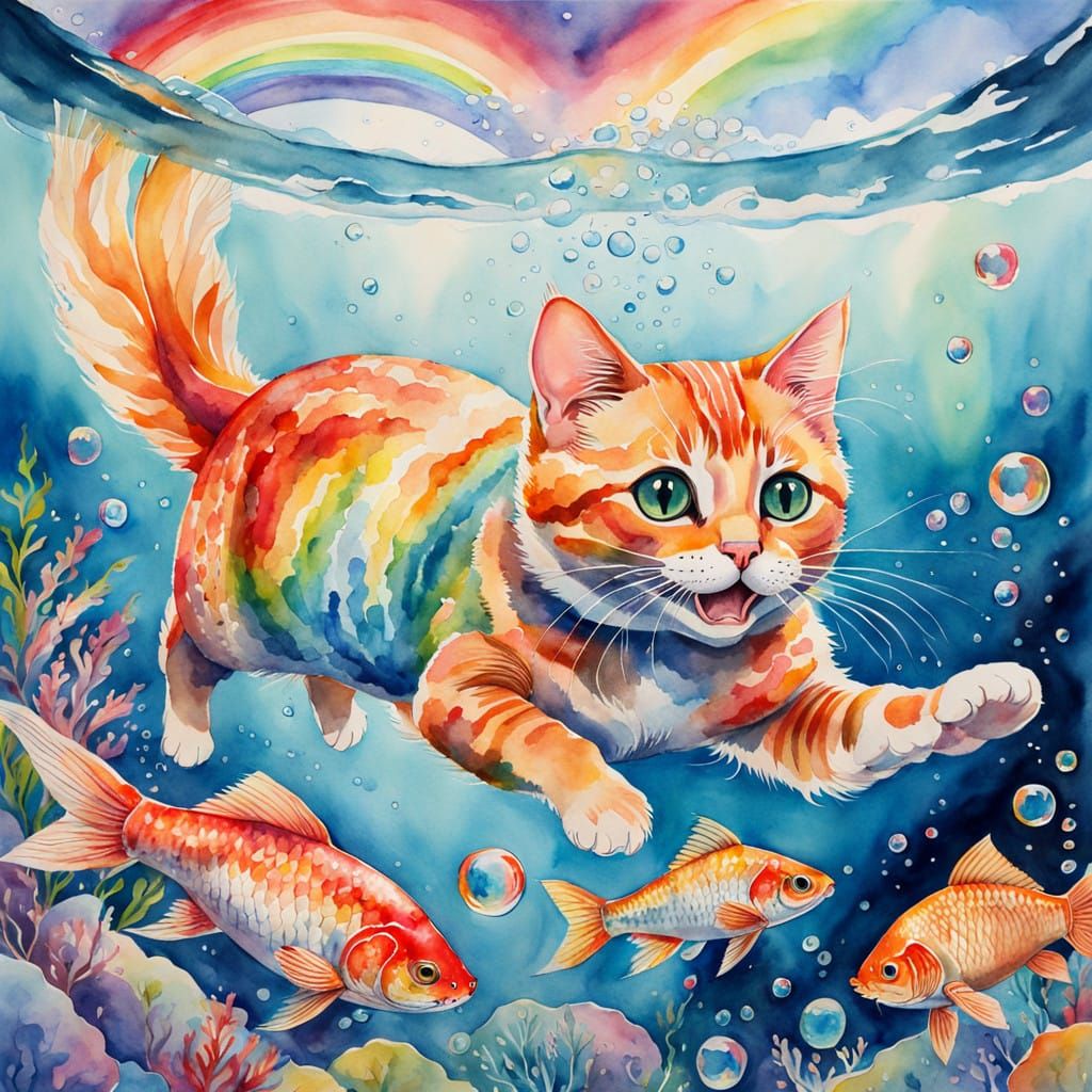 Whimsical Watercolor of a Cat Leaping for a Rainbow Fish