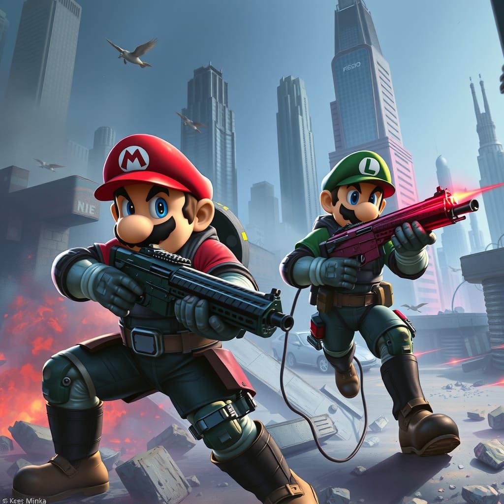 Mario and Luigi: Cyberpunk Mercenaries in War-Torn City