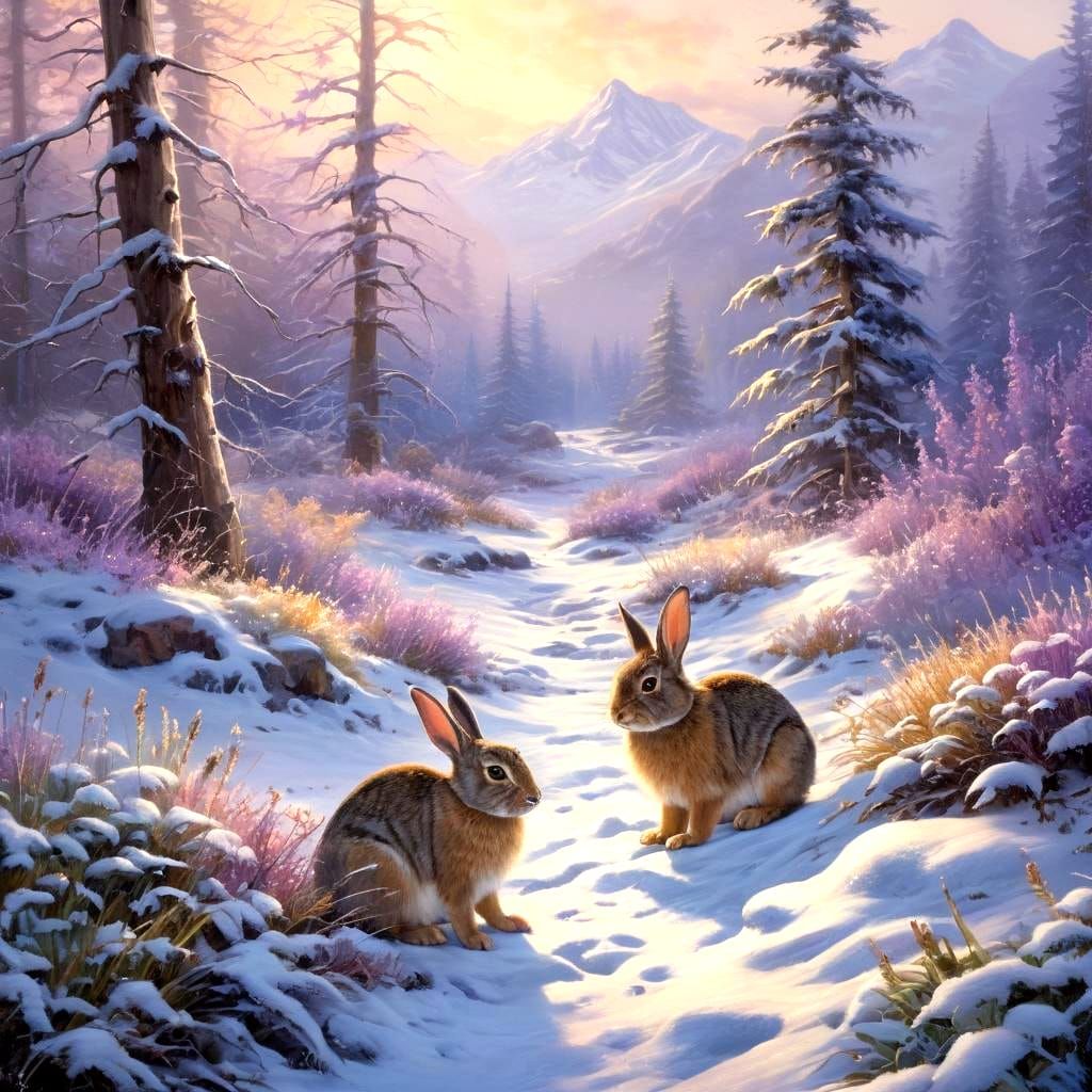 Winter Wonderland with Rabbit Family in a Thomas Kinkade-Ins...
