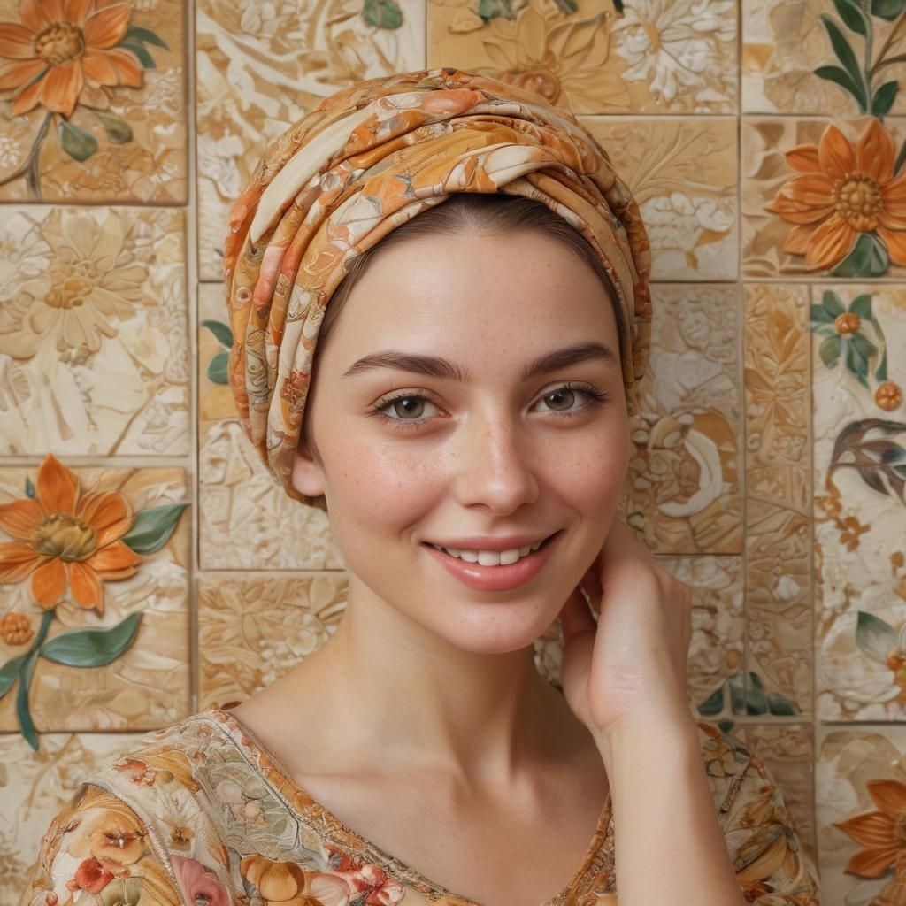 Woman in Floral Headscarf as Mixed-Media Collage with Cerami...