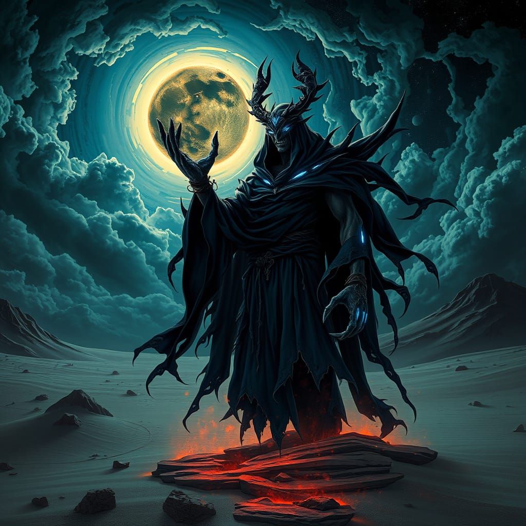 Scorpio Deity in Dark Desert as Surrealist Art