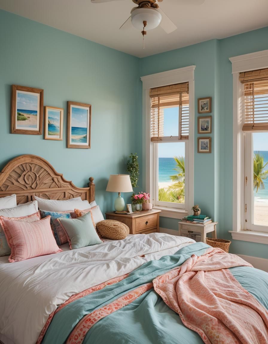 Colorful Bedroom with Ocean View in Soft Lighting