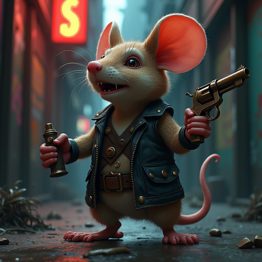 Mouse Vigilante in Gritty Alleyway, Hyperrealistic Illustrat...