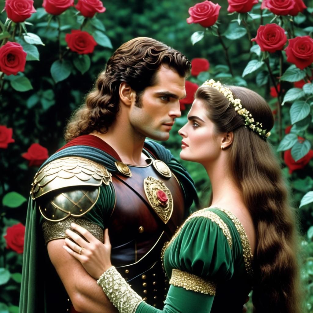 Romantic Embrace in Rose Garden: Art Nouveau Style