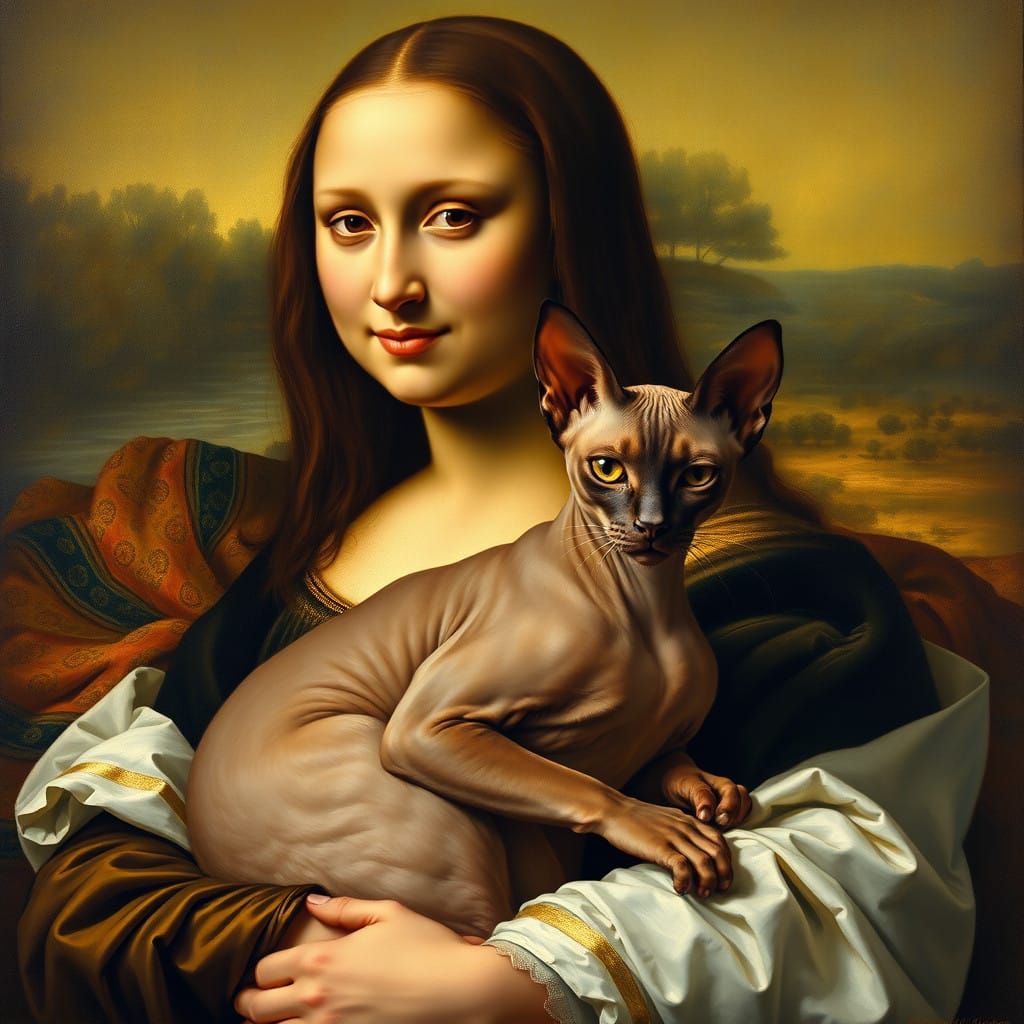 Mona Lisa Cradling Sphinx Cat: Impressionist Realism