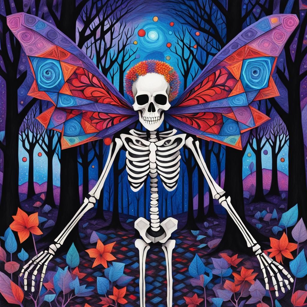 Cubist Skull Fairy with Geometric Wings