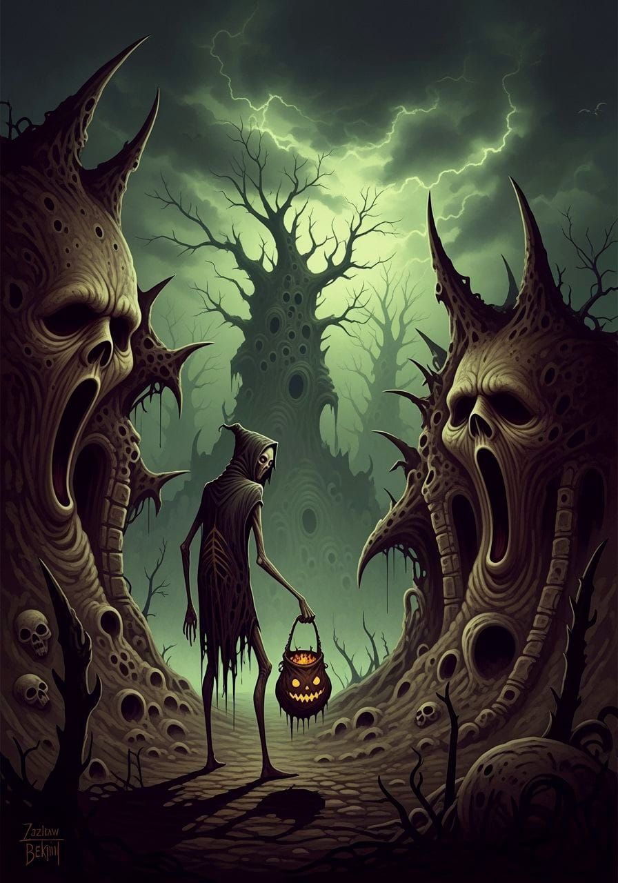 Beksiński Style Halloween Trick-or-Treat Scene