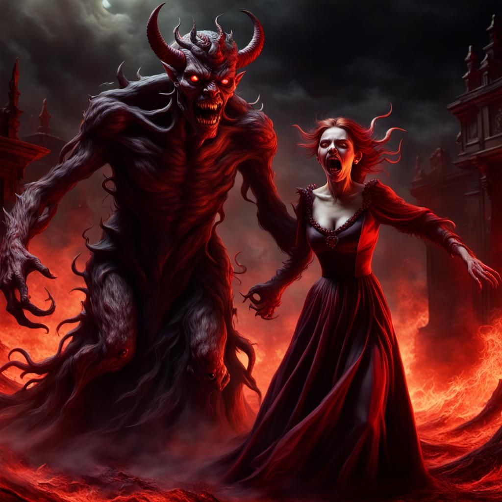 A hyperrealistic 3D render of a demon with gnarled, twisted hands dragging a terrified woman into the depths of hell. Th...