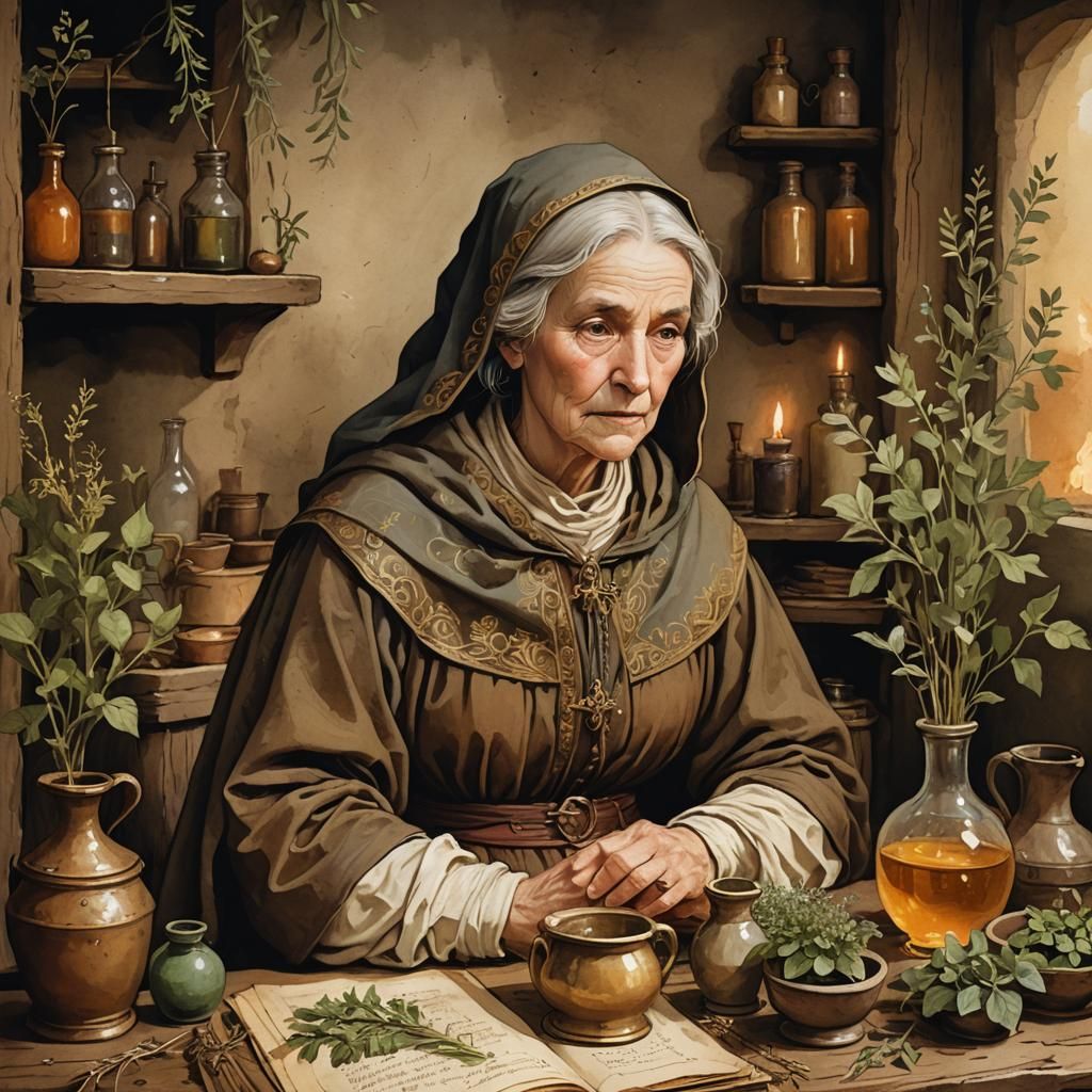 Medieval Herbalist in Illuminated Manuscript Style