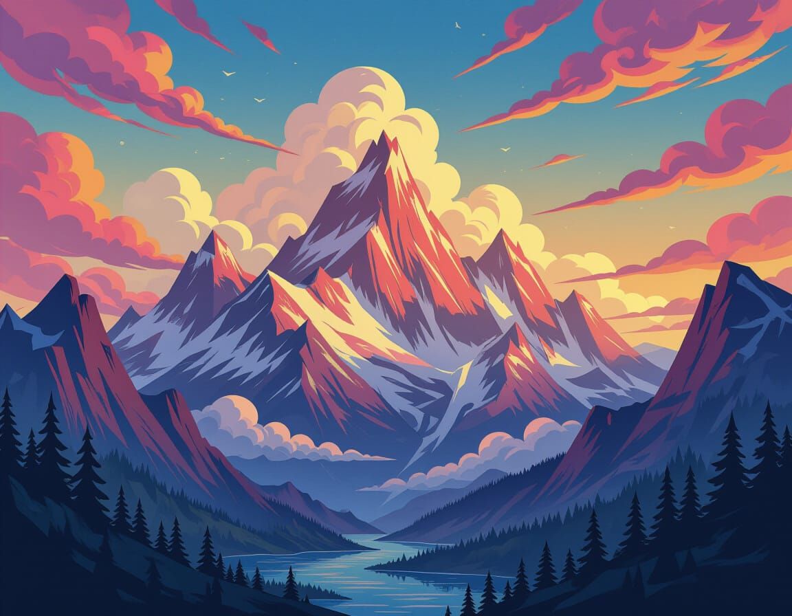 Mystical Mountain Range in Caricature Style